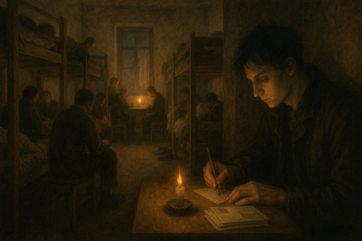 Одинокий молодой человек в ночлежке Вены. Жизнь без надежды и перспектив.

