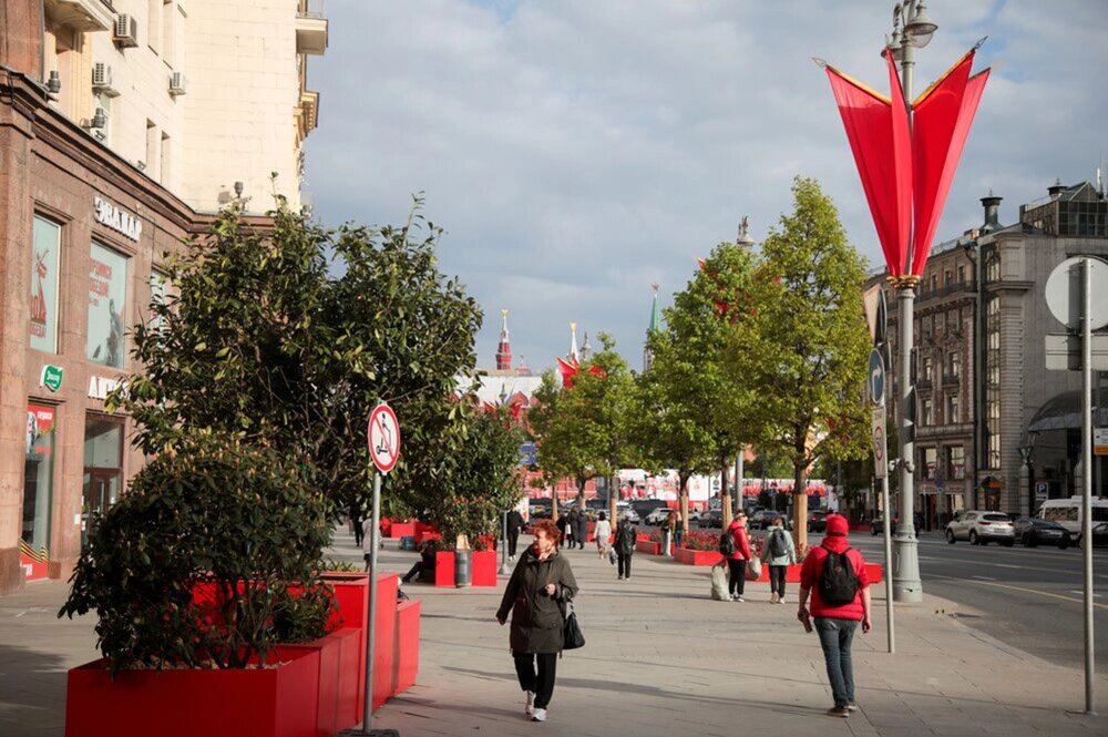    Клумбы алых гвоздик – цветов Победы на Тверской улице. Фото: АГН Москва/ Артур Новосильцев