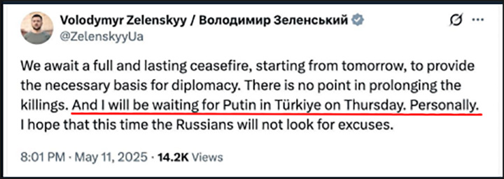    "В четверг жду Путина в Турции - лично". Просроченный киевский правитель изображает миротворца? Скриншот: соцсеть Х