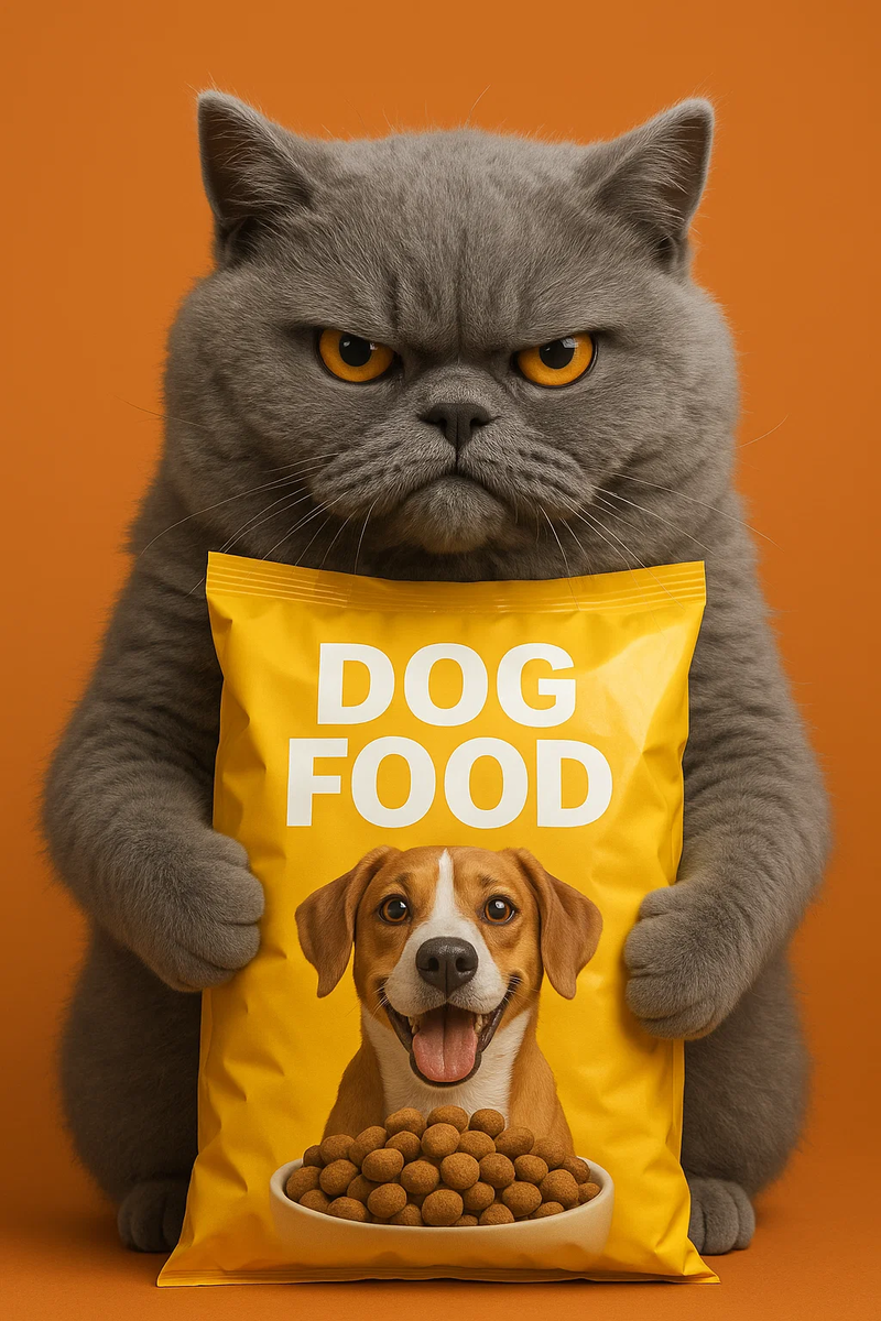 «Сердитый кот и собачий корм» — изображение, сгенерированное с помощью Sora по моему запросу.