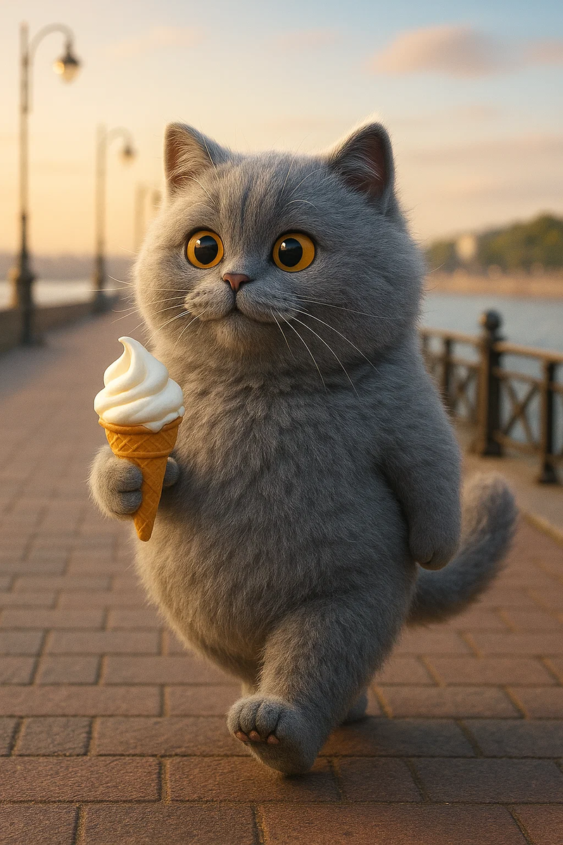 «Не сердитый кот и мороженое» — изображение, сгенерированное с помощью Sora по моему запросу.