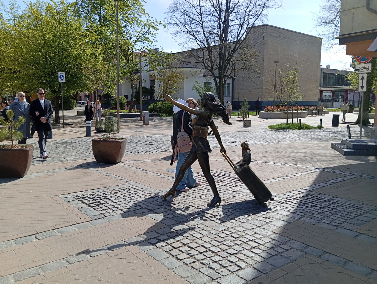 Бронзовая фрау в короткой юбке, с чемоданом и котиком, явно опаздывает на поезд.. 