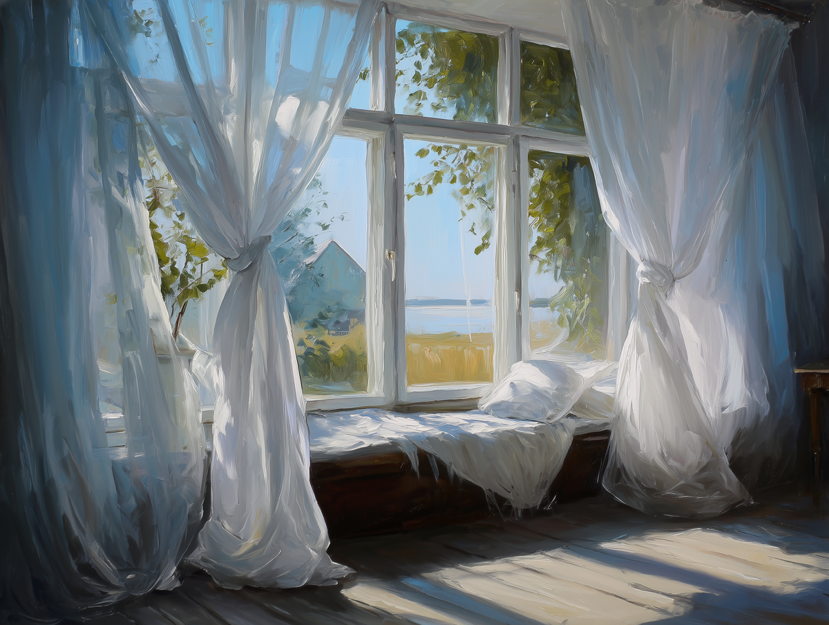 Белый легкий тюль в сочетании с большими окнами и солнечной погодой - что может быть более летним?