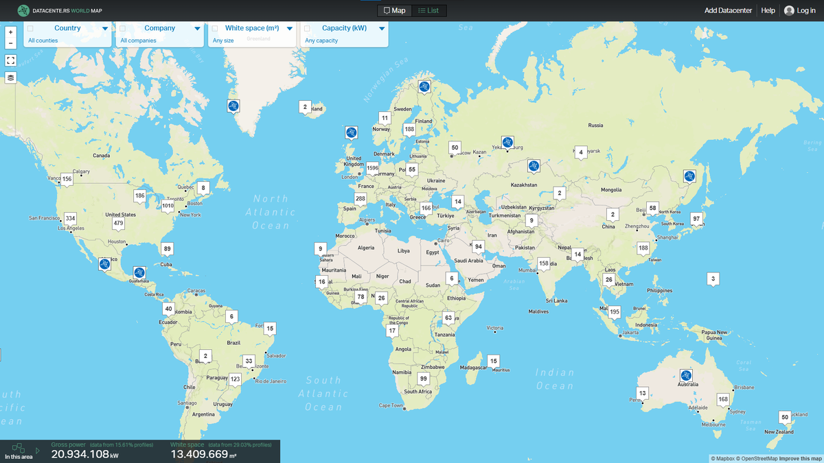 Карта с ИИ-дата-центрами map.datacente.rs