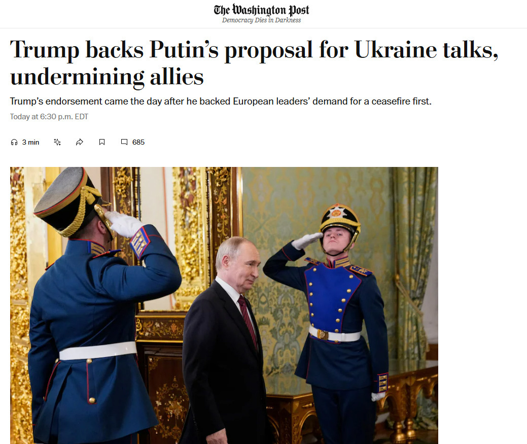     Трамп поддержал предложение Путина о переговорах по Украине, ослабляя позиции союзников / Скрин The Washington Post