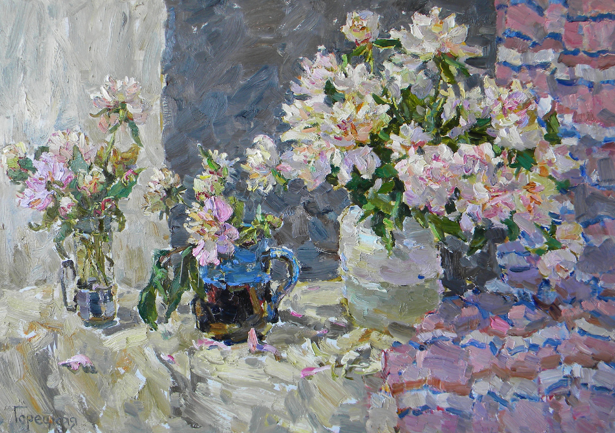 Полина Горецкая "Белые пионы" 2024 холст, масло 70х100