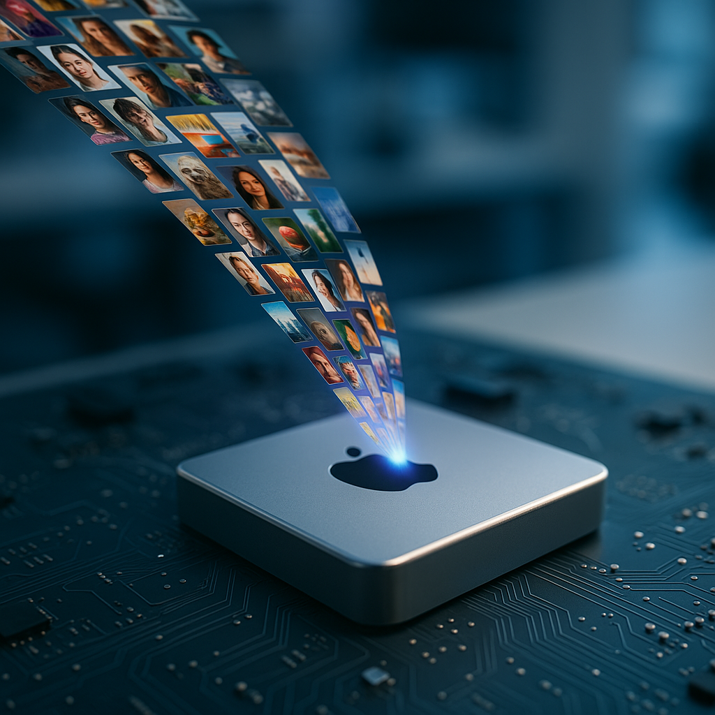 Футуристичный чип с логотипом Apple на материнской плате «втягивает» поток миниатюрных фотографий, символизируя сверхбыстрое кодирование изображений в FastVLM. Размытый лабораторный фон и мягкое сияние подчеркивают естественную, но технологичную атмосферу сцены.