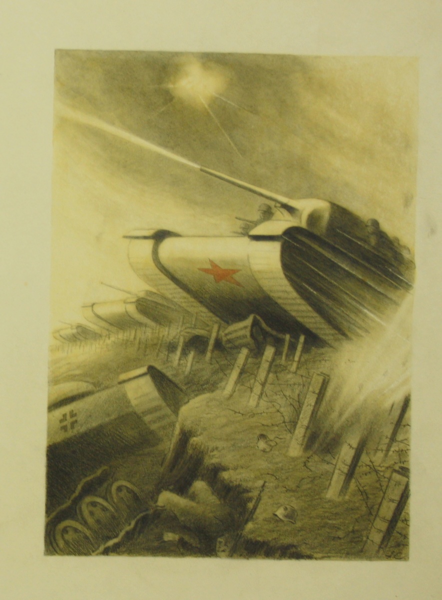 На изображении рисунок «Поединок между танком «КВ» и немецким «Тигром» из Наказа. Художник Малышев Леонид Александрович. СССР, 1943 г.