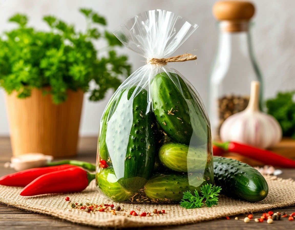 Малосольные огурцы в пакете с чесноком и укропом
