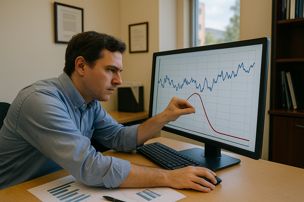 Исследователь в офисе вручную «подтягивает» линию на графике на экране монитора, символизируя манипуляции с данными (P-хакерство) ради достижения желаемой статистической значимости.