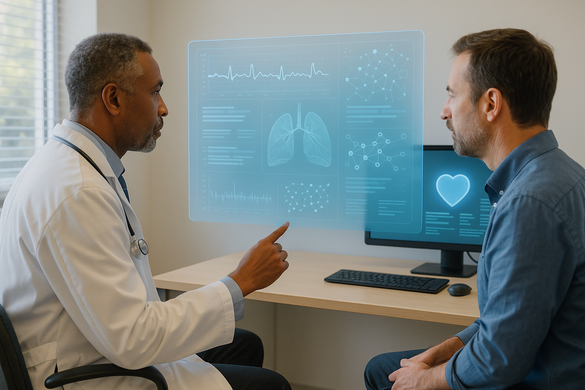 Врач и пациент обсуждают медицинские данные, отображаемые на голографическом экране, символизируя применение HealthBench для оценки ИИ-систем в здравоохранении.