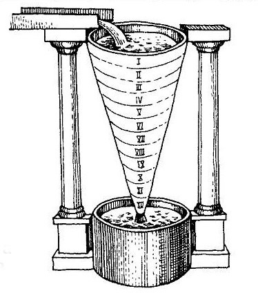 Простейшие водяные часы (клепсидра). Коническая форма компенсирует уменьшение скорости падения уровня воды в сосуде и уменьшения её давления.