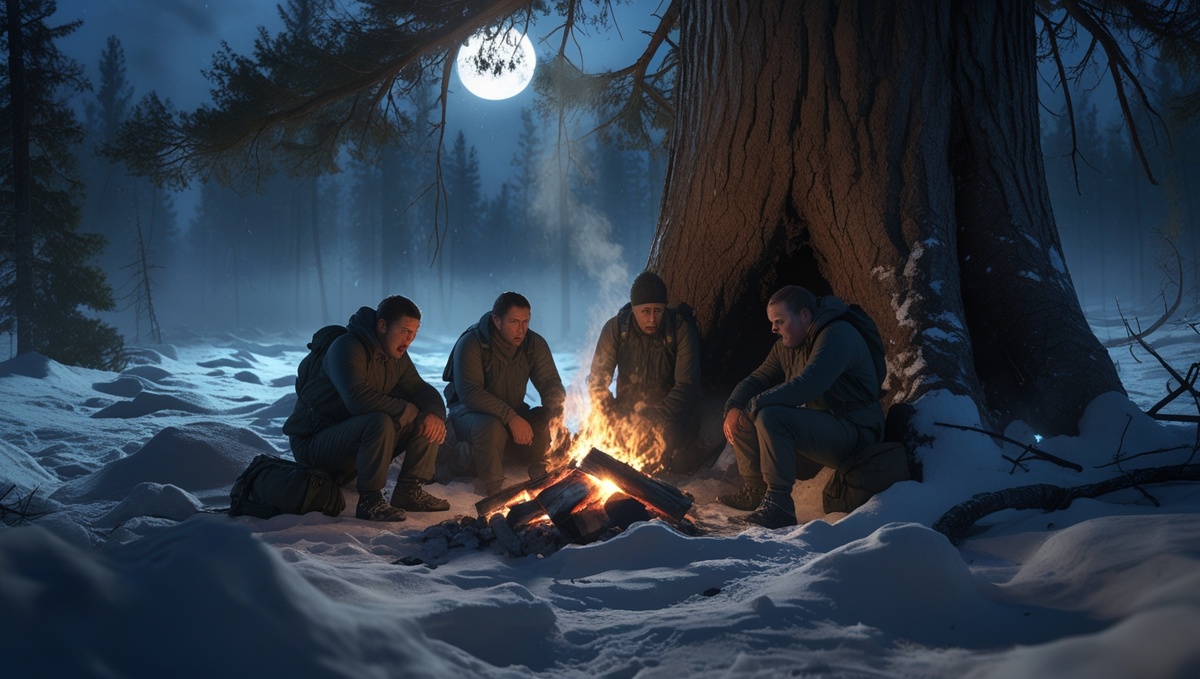 Так, в представлении художника, мог выглядеть один из привалов группы Дятлова накануне трагедии.