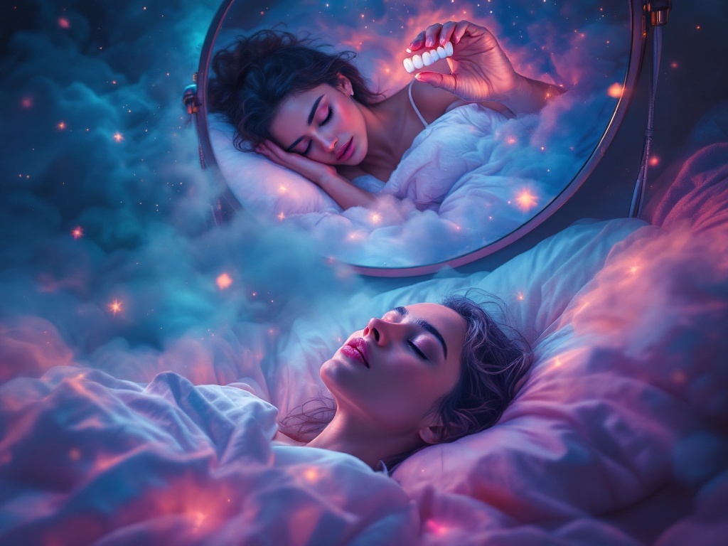    К чему такое снится: Женщина стоит перед зеркалом, держа в одной руке два зуба. Она смотрит на свое отражение, где видны пропущенные зубы на нижней челюсти. Обстановка спокойная, без при