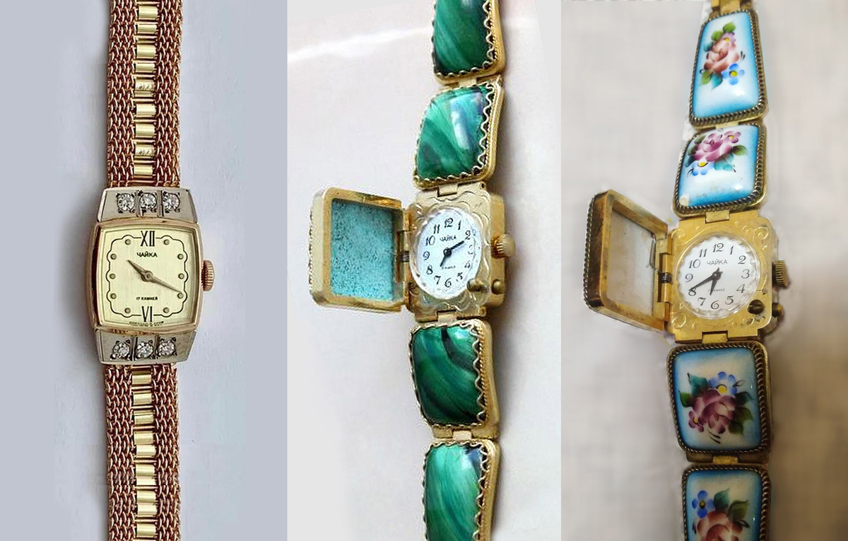 Модели ювелирных часов «Чайка» в золотых корпусах - с фианитами и золотым браслетом, с малахитовым браслетом и в виде браслета, украшенного финифтью