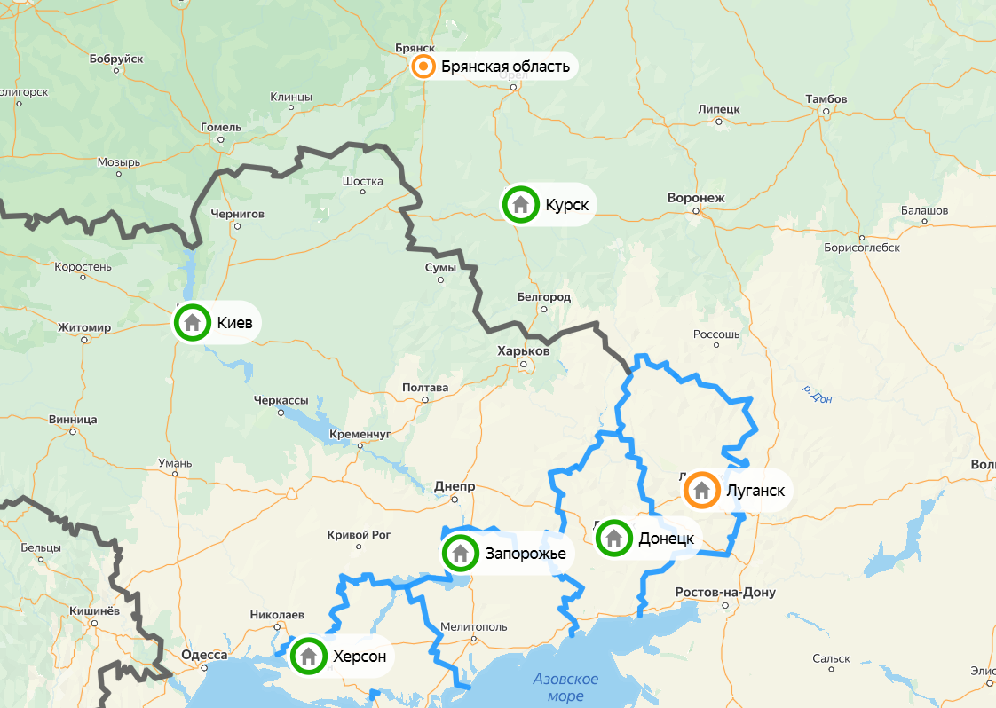 Карта ночных ударов дронов ВСУ. Фото: скриншот Яндекс Карты