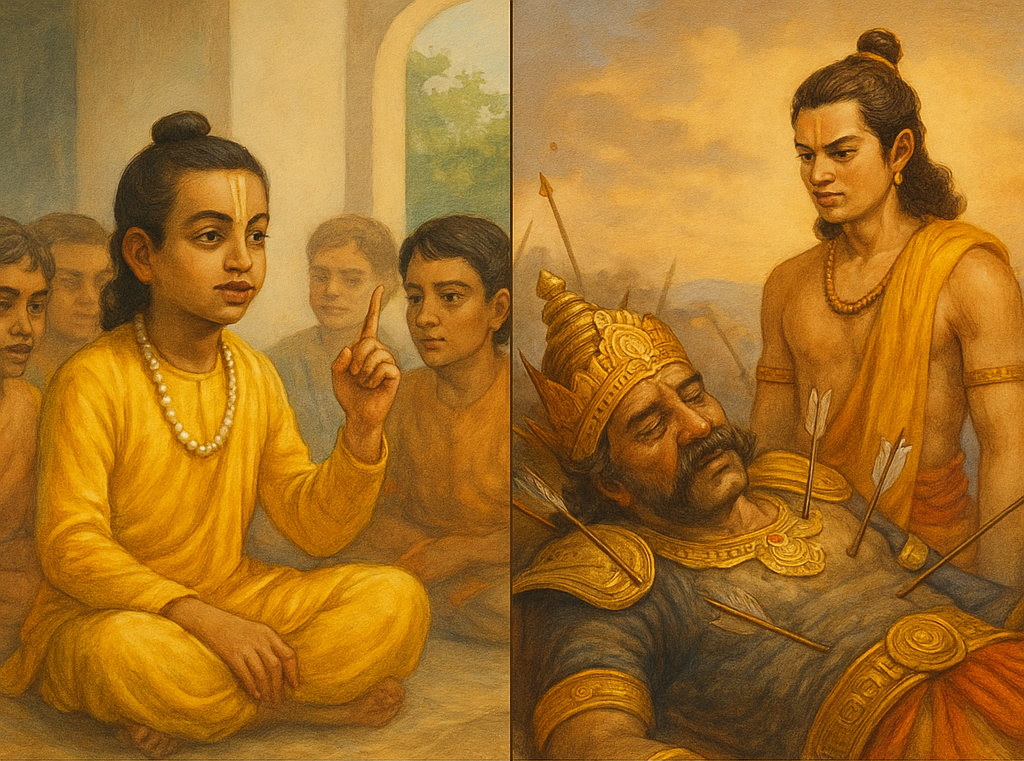 Изображение сгенерировано ChatGPT. Слева Прахлад в окружении одноклассников. Справа Равана и Лакшман.