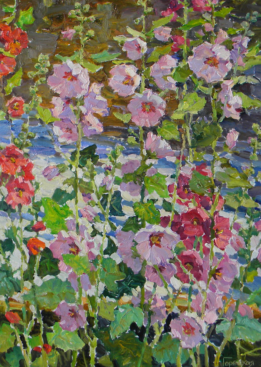 Полина Горецкая "Розовые мальвы" 2024 картон, масло 100х70
