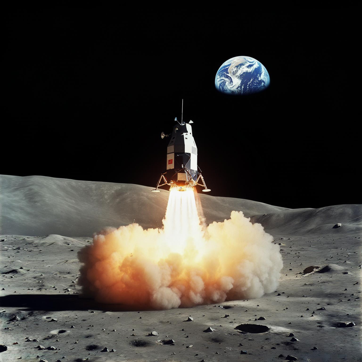 Тут вроде бы взлёт, но клубы пыли явно не лунные. И с тенями проблема.