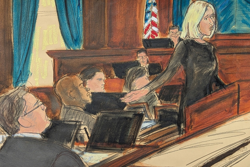    Прокурор Эмили Джонсон в зале суда, скетч   
Фото: Elizabeth Williams / AP / TASS
