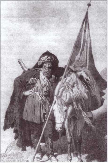 Мюрид с наибским знаменем. Гравюра Л.Е. Дмитриева-Кавказского по рисунку  Горшельта. Фото из открытых источников