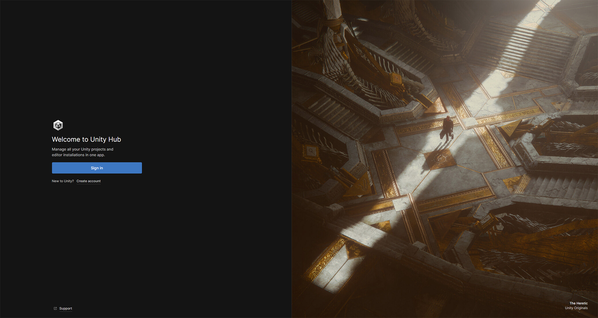 Unity Hub — центр управления проектами. При первой установке мы увидим вот такой вот экран как на изображении, далее мы сделаем аккаунт через свою почту а также придумаем пароль для вашего аккаунта, в котором будут сохраняться наши проекты, а также можно будет сохранять к себе на аккаунт «Assets» — бесплатные модели, а также готовые решения для ваших проектов