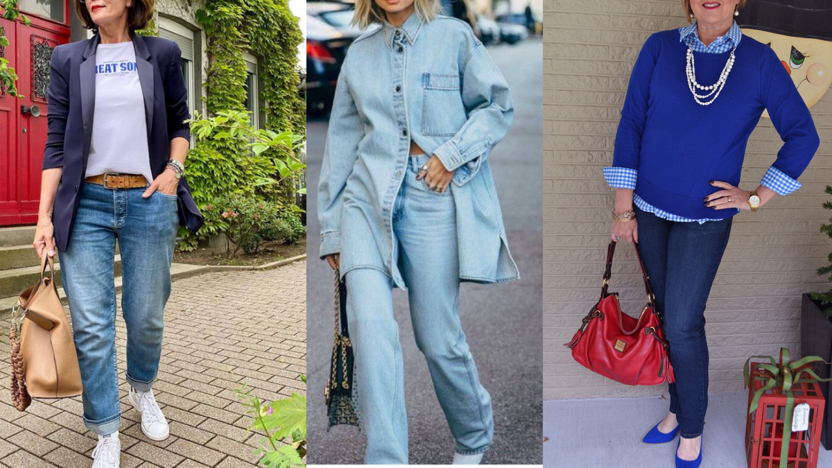  джинсы и рубашка разных цветов индиго