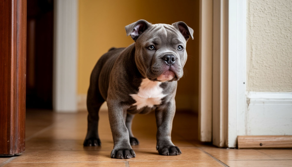 Щенок американского булли заходит в новый дом