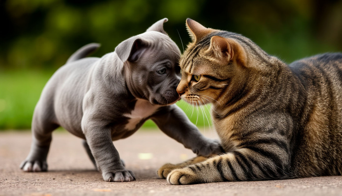 Щенок американского булли. Первое знакомство с кошкой.