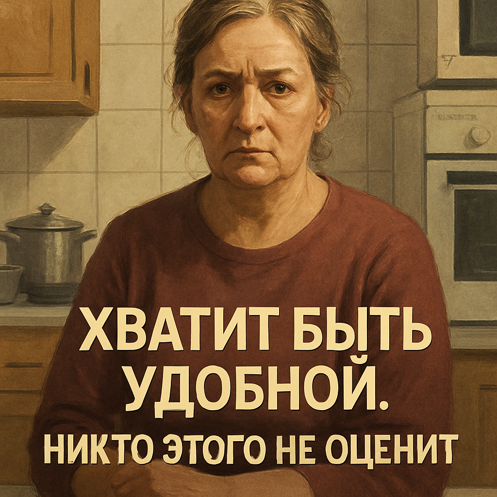 Женщина 58 лет с твёрдым взглядом стоит на кухне, вокруг — привычная утварь, но на её лице решимость что-то изменить. В её глазах — усталость от вечных обязанностей и решимость начать жить для себя.