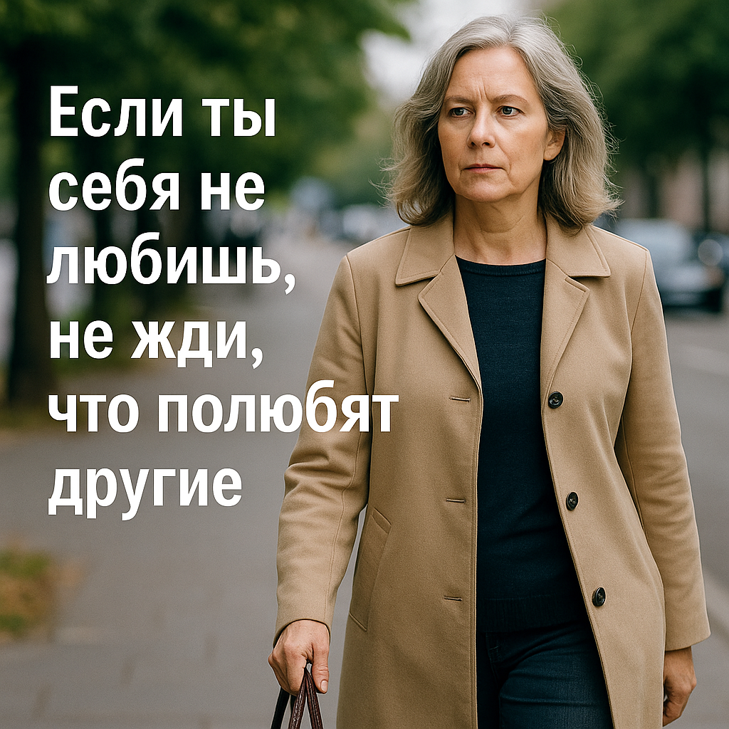 Женщина 50+ идёт по городской улице, её взгляд сосредоточенный и уверенный. В руках сумка, её шаги чёткие. Атмосфера внутреннего решения любить себя, несмотря ни на что.