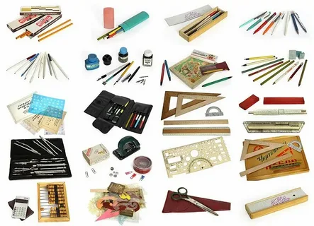 Карандаши, ручки, пеналы, линейки и лекала, чертежные наборы, дырокол и скрепки, счетные машинки (калькулятор и счеты) и т. д. Фото из интернета