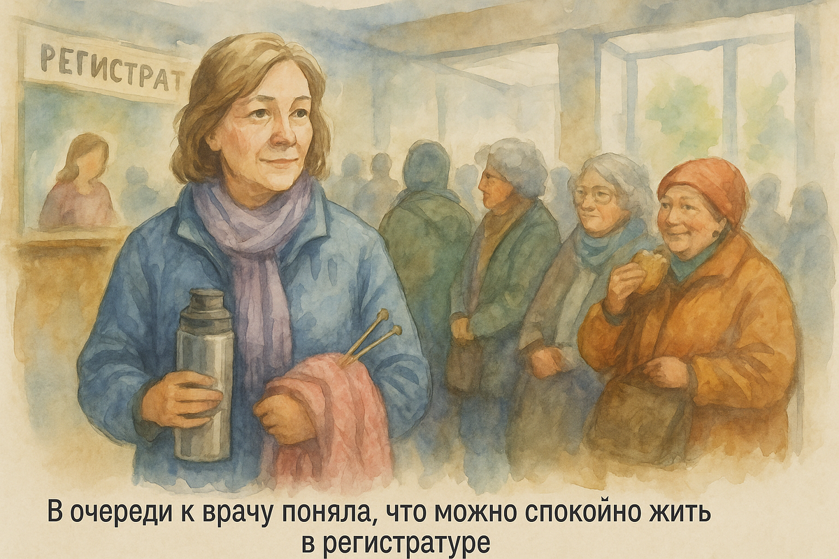 Женщина 50+ стоит в очереди в поликлинике с термосом и вязанием в руках. За её спиной — добродушные соседки с бутербродами, обсуждающие жизнь. Атмосфера теплоты и лёгкой иронии.