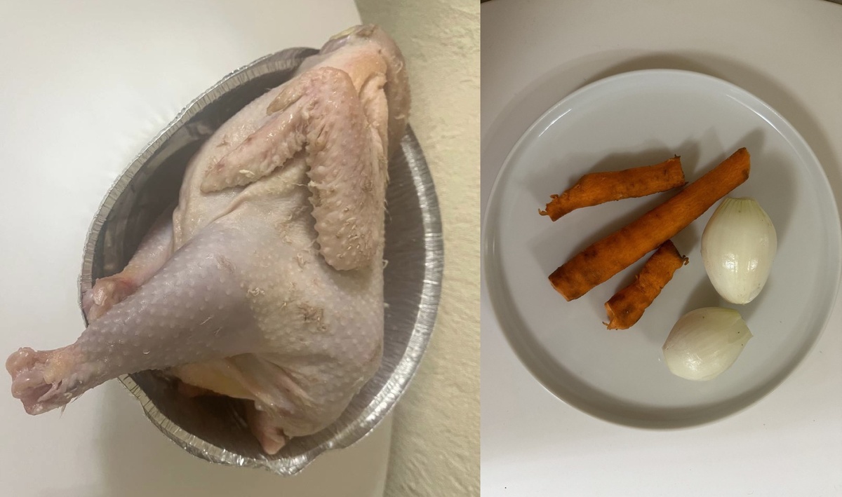 Петух и коренья (морковь, лук) для бульона