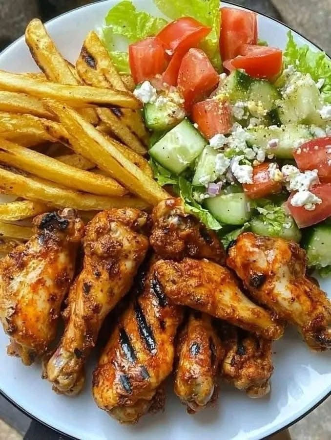 Острые крылышки с картошкой фри и греческим салатом 