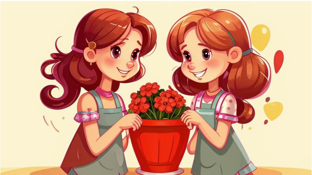Девочки любуются на цветок в горшке. Изображение создано с использованием нейросети Кандинский.
