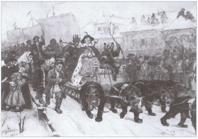 Большой маскарад в 1722 году на улицах Москвы с участием Петра I и князя-кесаря И.Ф. Ромодановского. Художник В.И. Суриков