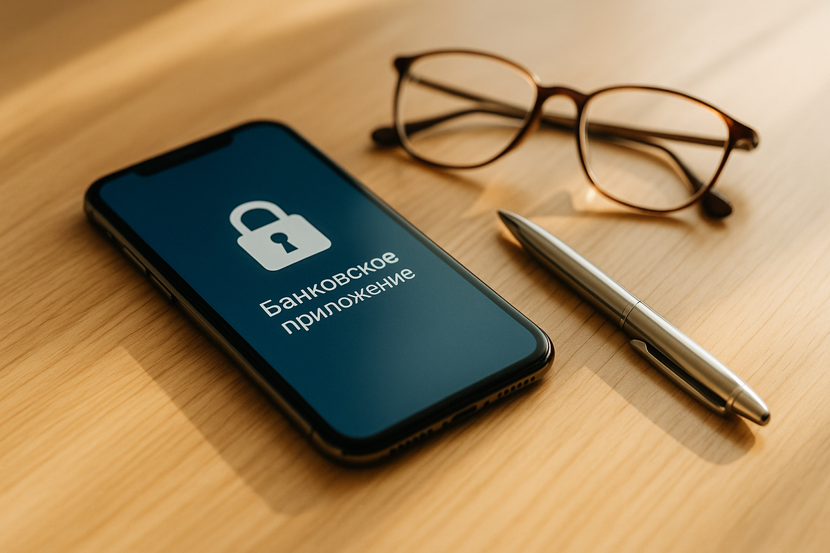 Смартфон с заблокированным банковским приложением