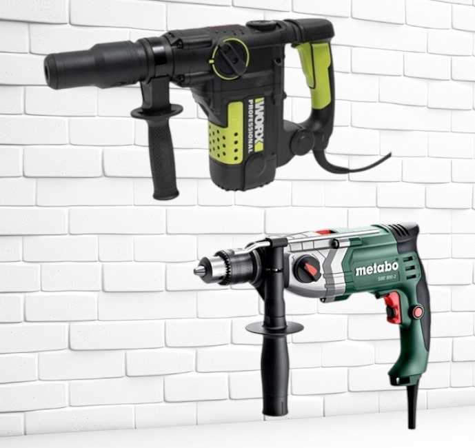 Слева сверху Перфоратор WORX Professional WU350S, справа снизу Ударная дрель Metabo SBE 800-2 601744510
