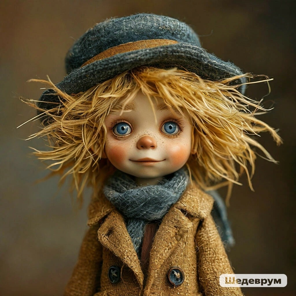 игрушка мальчик- домовенок, светлые лохматые волосы, шляпа-канапе, веселый в полный рост