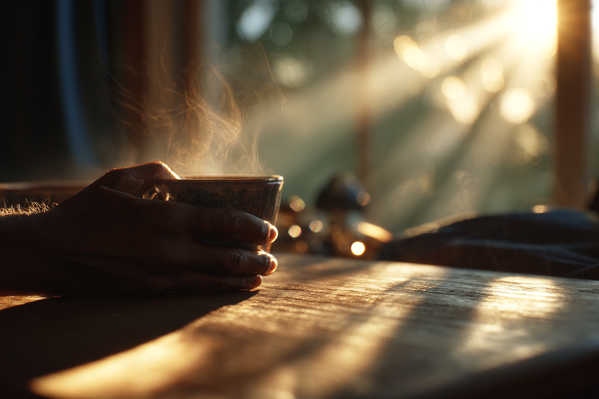 Осознанность через утреннюю медитацию с чашкой чая в лучах восходящего солнца