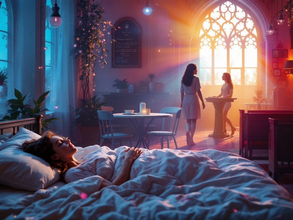    К чему такое снится: На картине изображено просторное помещение кафетерии внутри церкви. Женщина сидит за столиком, внимательно смотря на пастора Ольгу Голикову, которая идет мимо к кафе