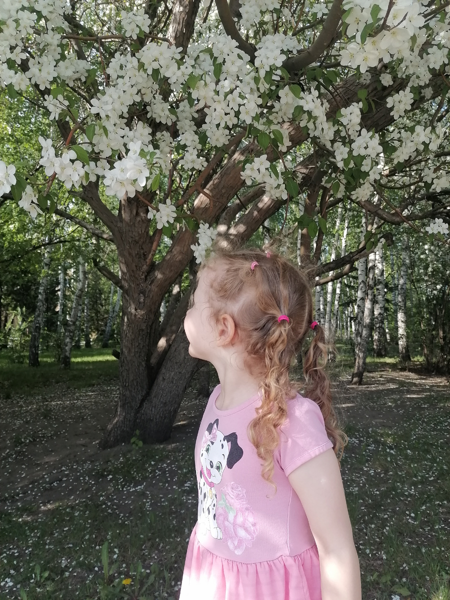 Фотографировались с дочкой у яблони