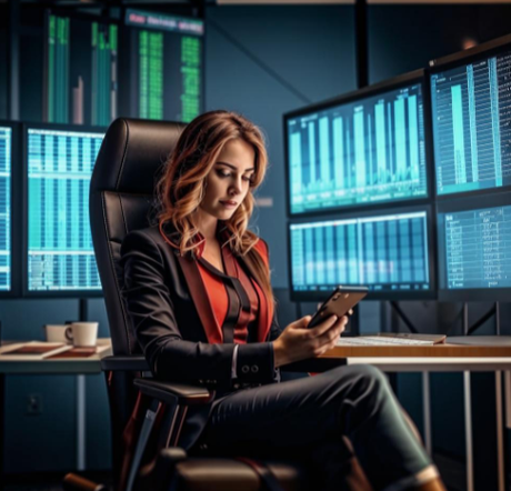 Девушка трейдер изучает ценовой диапазон акций на фондовом рынке