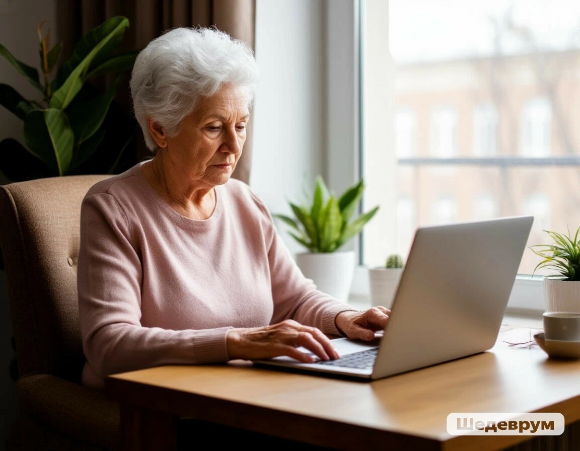 Пожилая седая женщина сидит за столом в кресле у окна и работает на ноутбуке