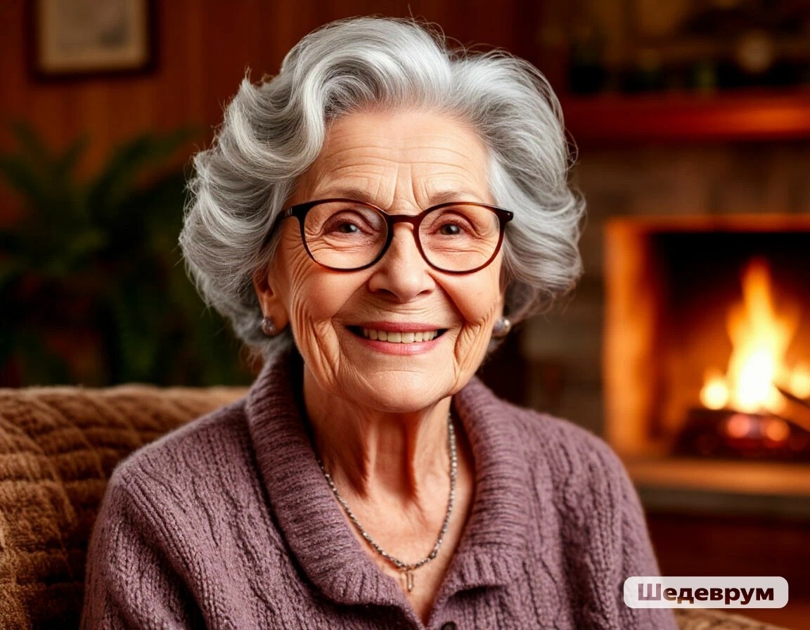 Реалистичный портрет доброй пожилой женщины с седыми волосами, в очках, улыбается, фон – уютная домашняя гостиная с камином
