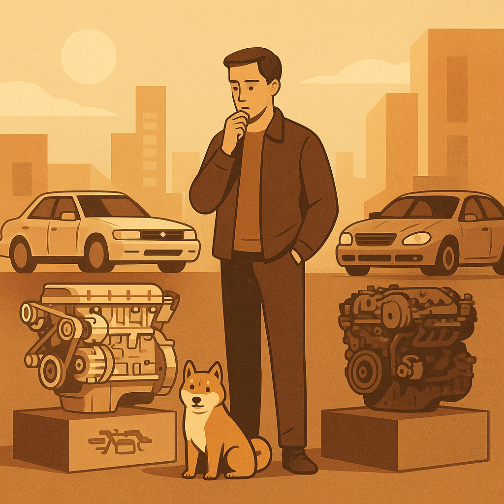 Сравнение предложений - — слева: красивый мотор, чистый, «Япония, 70 тыс. км, готов к установке»,
— справа: мотор, снятый с машины, с пробегом по РФ”.