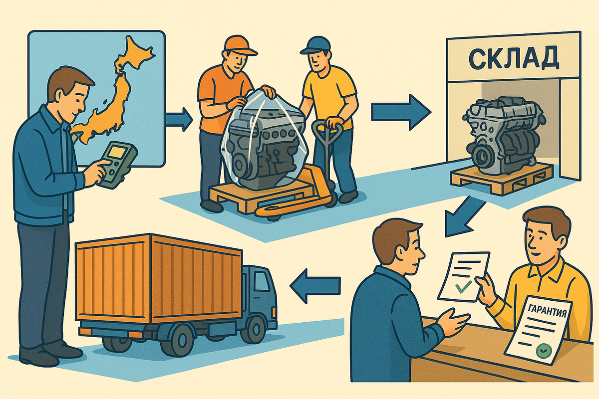 — наш сотрудник за границей проверяет мотор, — грузчики упаковывают, — контейнер в пути,
— мотор на складе в РФ, — выдача клиенту с документами и гарантией