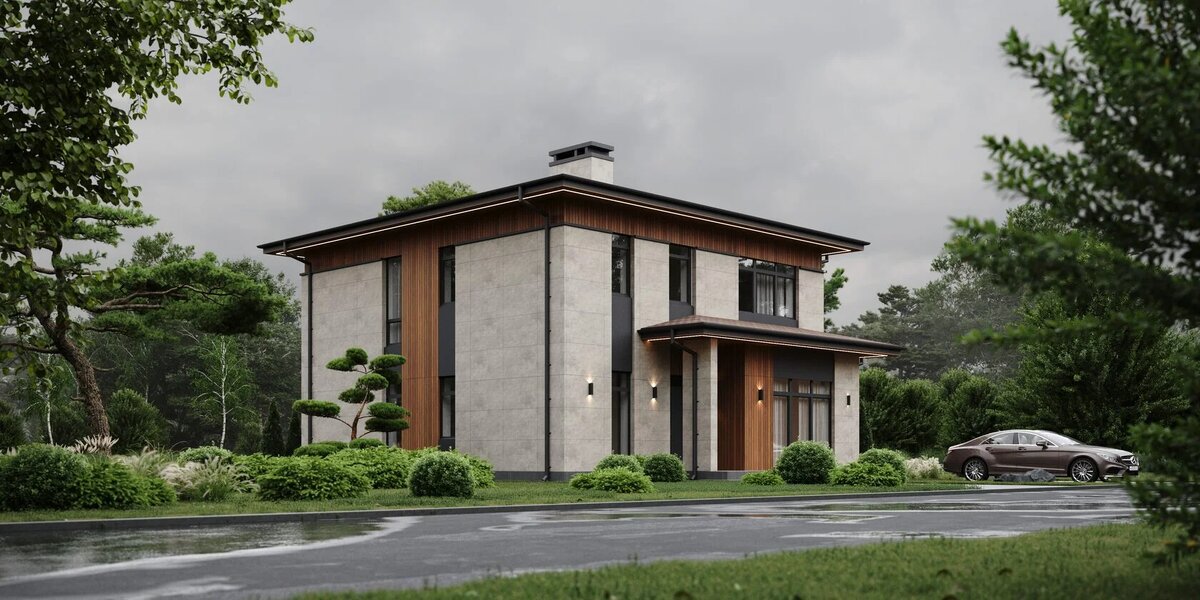 Двухэтажный дом с вальмовой кровлей "Янтарь" общей площадью 191 м² с террасой