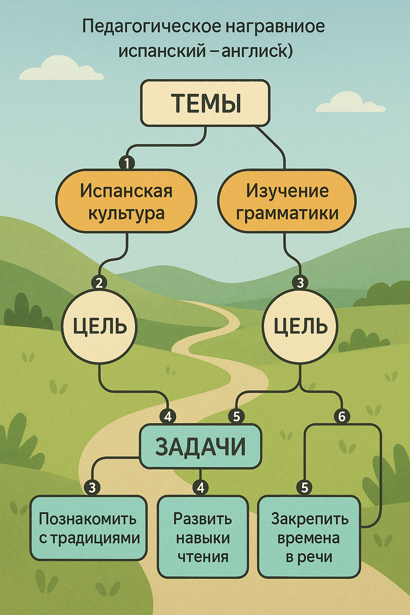 1. Подготовка:Включите интерактивную карту (созданную в Interacty).Разделите класс на 2–4 команды (по 3–5 человек).Каждой команде выдаются карточки с темами, целями и задачами в случайном порядке (если используется офлайн-версия) или они кликают по элементам на карте.2. Ход игры:Раунд 1 — Тема: Команды выбирают или получают одну из тем (например, «Испанская культура» или «Изучение грамматики»).Раунд 2 — Цель: Из нескольких предложенных целей команда должна выбрать ту, что логично соответствует выбранной теме.Раунд 3 — Задачи: Участники подбирают 2–3 задачи, которые соответствуют ранее выбранной цели.3. Как двигаться по карте:После выбора темы на карте открывается путь к целям (например, дорога 1 ведет к «Изучению грамматики»).После выбора цели — открываются ответвления с задачами.Правильно выбранные связи подсвечиваются, неправильно — остаются неактивными.4. Подсчет баллов:За каждую правильно собранную цепочку (тема → цель → задачи) команда получает 3 балла.Если выбрана не самая логичная задача — 1 балл.Дополнительный балл — за аргументацию выбора на английском или испанском языке (по желанию учащихся).5. Победитель:Побеждает команда, набравшая наибольшее количество баллов за 3–4 раунда.